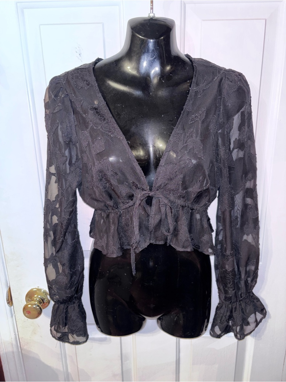 SHEIN Black Sheer Tie-Front Ruffle Blouse
